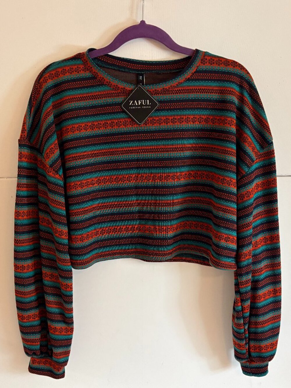 Zaful Women Multicolored Print Cropped Long Sleeve Boho Tribal Top/Shirt Size XL